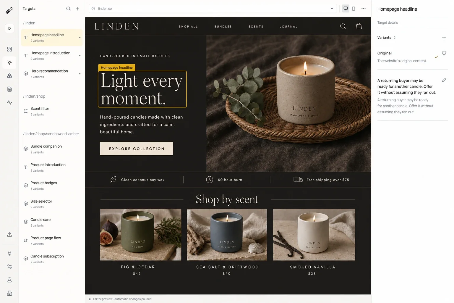 The Dynamite editor: a Targets list grouped by page on the left, a live preview of the Linden homepage with the headline outlined as the selected target, and a Variants panel on the right with the original and a returning-buyer variant.